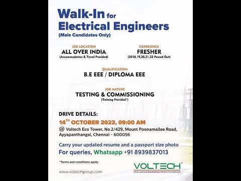 🔥 Walk-in Interview for B.E / Diploma Electrical Engineer @Chennai | Freshers job 🔥