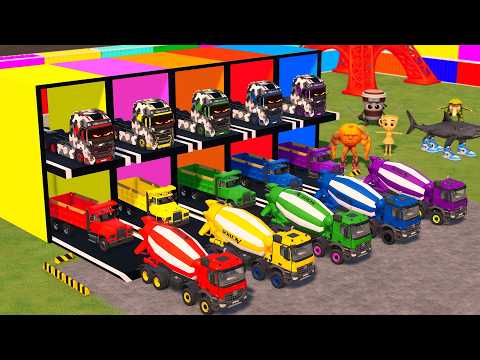 TRANSPORTING EXCAVATOR, MIXER TRUCK, BACKHOE LOADER, POLICE CAR TO GARAGE WITH MAN TRUCK - FS22