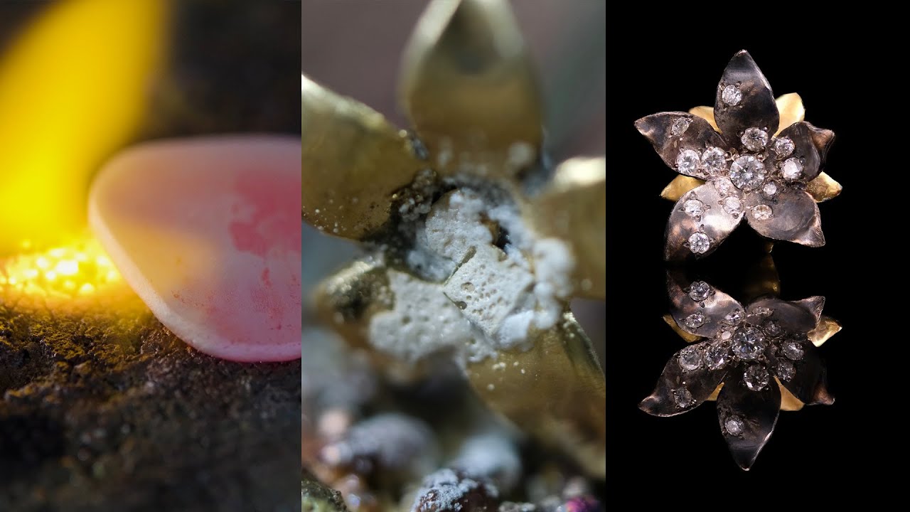 Handmade 18K gold and silver flower with diamonds from the ocean