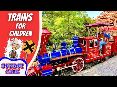 Colorful toy train with a waving cowboy in the cab, beside a 'Trains for Children' banner and 'Cowboy Jack' logo.