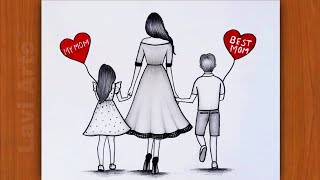 Mothers day Drawing Ideas | Mother day drawing| How to draw Mother Daughter and son |