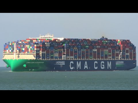 Containership CMA CGM Jacques Saadé inbound Le Havre, France, carrying a record-breaking 21,433 TEU