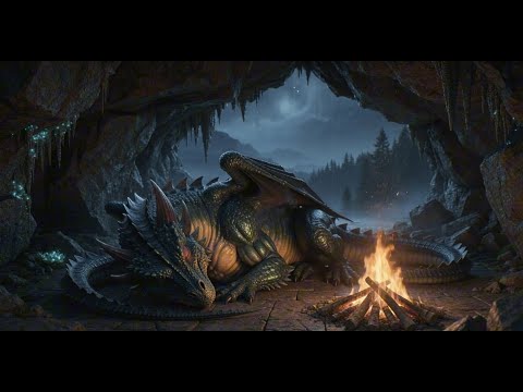 10 Hours Sleeping Dragon by Fire | Cozy Cave Ambience, Relaxing Music & Crackling Sounds