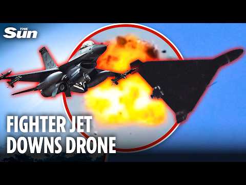 Moment highly-skilled Ukrainian F-16 fighter jet pilot SHOOTS DOWN Russian Shahed drone