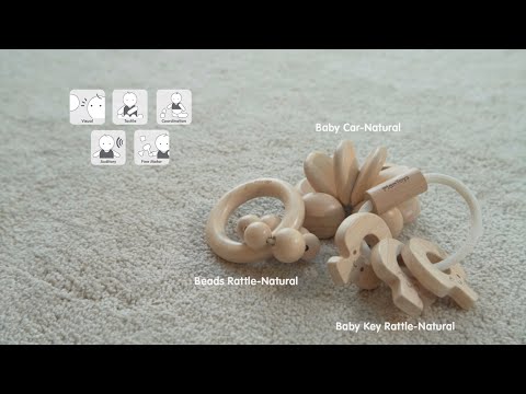 PlanToys | Bead Rattle, Baby Key & Baby Car - Natural