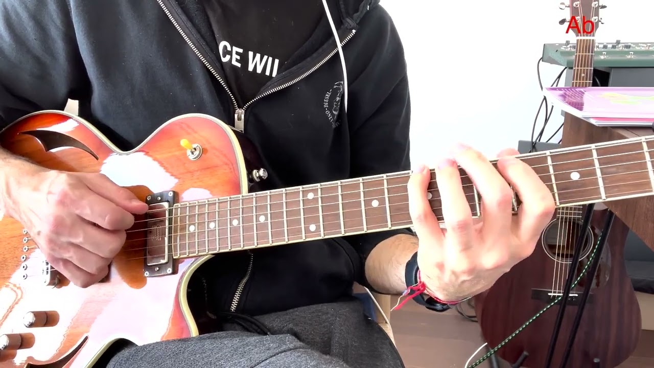 Guitarist playing a diminished 7 arpeggio exercise, thumbnail for the voice leading lesson