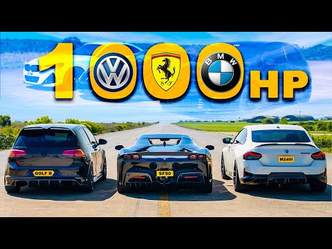 1,000hp Monsters Collide! BMW M240i vs Ferrari SF90 vs Golf R – Drag Race Showdown