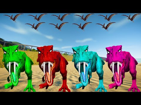 Team Rexy Color Pack vs Spinosaurus, Indoraptor, I-Rex - Jurassic World Evolution Dinosaurs Fighting