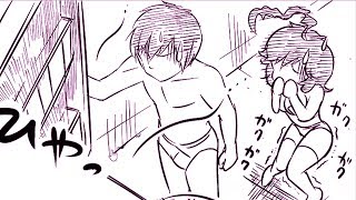 服を脱いで下着姿になったカップルがエレベーターから脱出する。