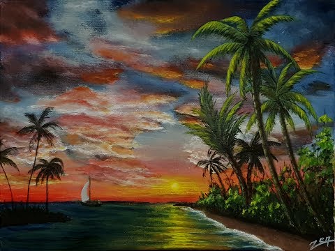 Tropical Ocean Sunset Palm Tree Acrylic Painting Step by Step