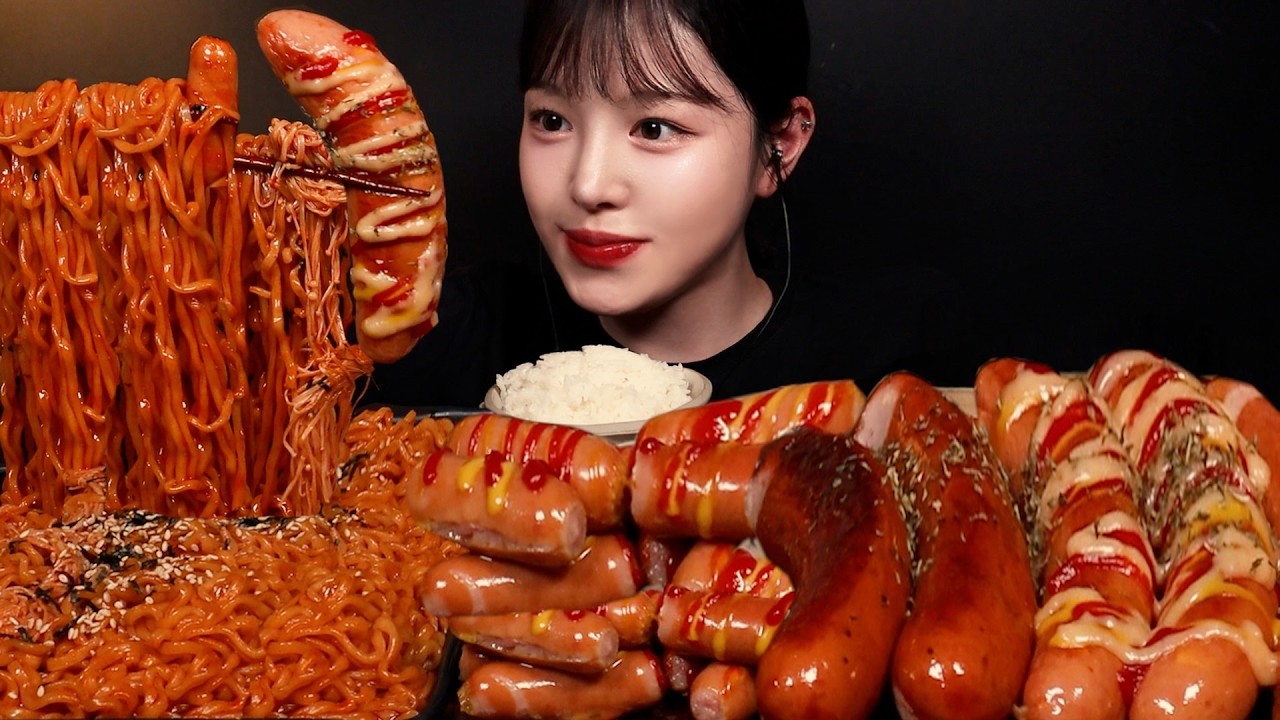 SUB)역대급 위기🔥팽이버섯 불닭볶음면에 대왕소세지 먹방! 촬영하다가 포기할 뻔..ㄷㄷ Sausages & Bukdak Ramy