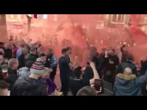 Manchester United fans with smoke bombs in St Etienne today singing "River Irwell".