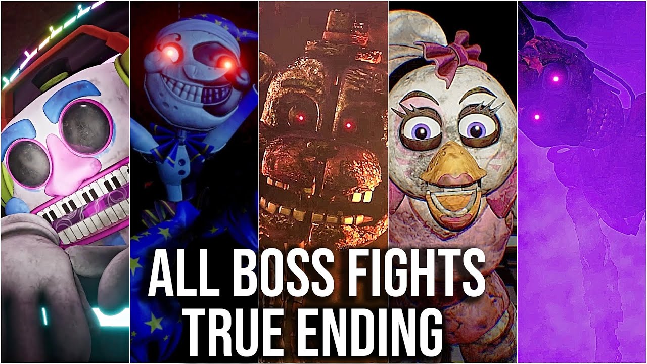 FNAF Security Breach - All Boss Fights + True Ending