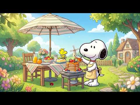 Snoopy and Woodstock Cooking Cozy Summer Garden Lunch 🥞 Relaxing Jazz Tunes for Study Good Mood Vib