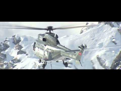 Helicopter Super Puma AS 332 C1 eagle helicopter company, aerial work in mountain, french alps