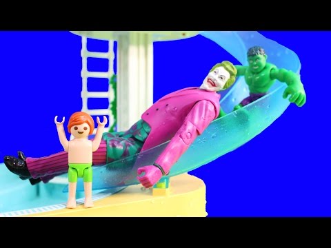 Playmobil Joey Swims At Water Park Pool With Baby Hulks And Joker Goes Down Waterslide Episode 3
