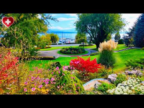 Beautiful Autumn Walk in Nyon 🇨🇭 | Castle, Lakeside & Garden Stroll by Lake Geneva🍁 [4K]