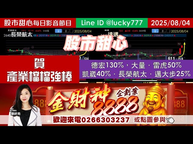0804【甜心盤後影音】【金財神8888】賀！產業檔檔強棒－德宏130%．大量、雷虎50%．凱崴40%．長榮航太、「邁大步」25%