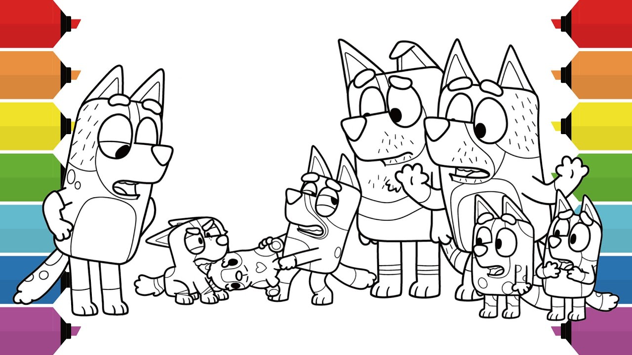 Bluey Coloring Pages | Bluey, Bingo, Chilli, Bandit, Socks, Stripe & Muffin | Markers