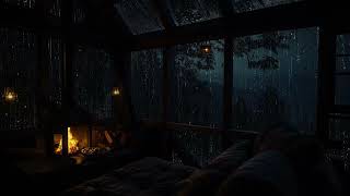 Rain on window in Cozy Cabin at Night | Cozy Forest Ambience with Soothing Fireplace