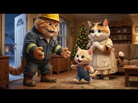 Christmas reunion: Father cat returns to mother cat and cute kitten