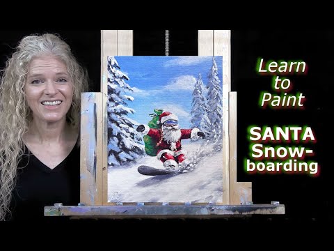 SANTA SNOWBOARDING- Learn How to Draw and Paint with Acrylics - Beginner Christmas Painting Tutorial