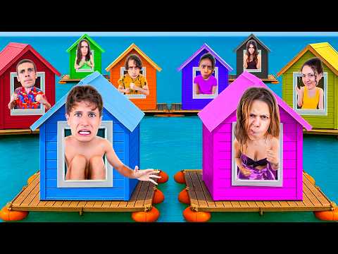 LET'S SURVIVE IN 10 CARDBOARD HOUSES ON THE WATER IN THE POOL IN YOUR COLOR FOR 24 HOURS CHALLENGE!💦