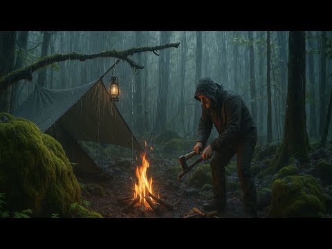 SOLO OVERNIGHT CAMPING IN THE RAIN - RELAXING IN THE TENT WITH THE SATISFYING SOUND OF NATURE - ASMR