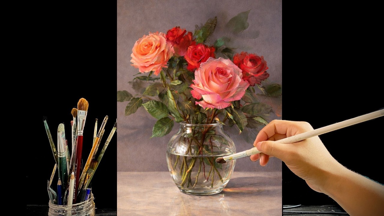🎨 Painting a Vibrant Rose Bouquet in Glass Vase | Relaxing Acrylic Still Life Tutorial | #175