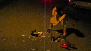 Shadows Fall member smashes Fate&#39;s Warning guitarist&#39;s Takamine backstage at Mayhem Festival