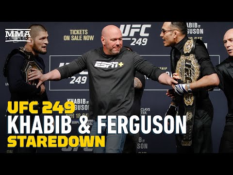 UFC 249。カビブ・ヌルマゴメドフ対トニー・ファーガソンの対決が白熱する - MMA Fighting (UFC 249: Khabib Nurmagomedov vs. Tony Ferguson Staredown Gets Heated - MMA Fighting)