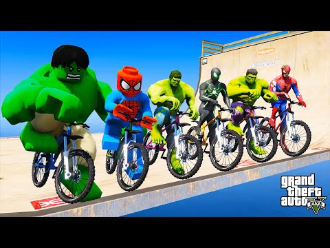 LEGO HULK TEAM vs LEGO SPIDERMAN TEAM MEGA RAMPA CHALLENGE WITH BICYCLES | HULK vs SPIDER-MAN