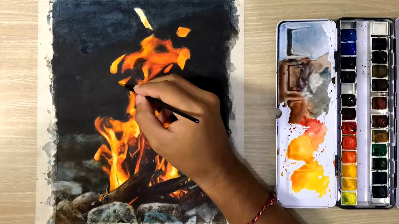 painting realistic fire using watercolors by kembart