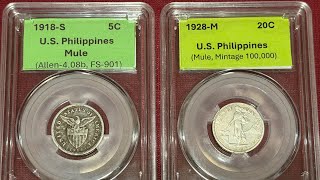 U.S. Philippines MULE Error Coins! 1918 S 5 Centavos (S.F. Mint) &amp; 1928 M 20 Centavos (Manila Mint)