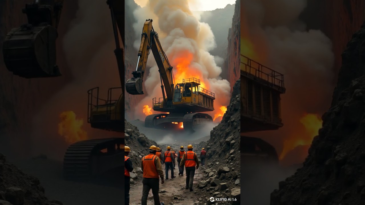 Excavator and workers in a mine pit almost collided and the excavator exploded. 😮😮  #coal