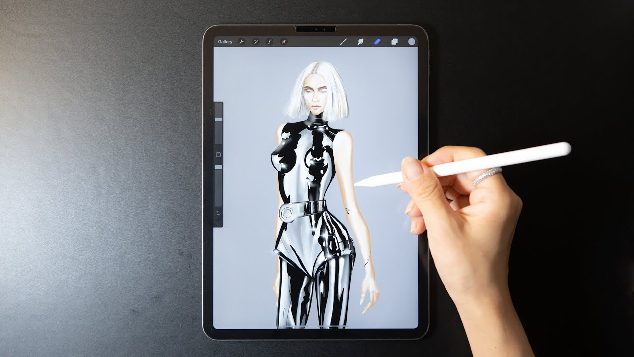 Procreate Digital Fashion illustration tutorial: Metal BodySuit with Mirror on iPad Pro