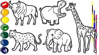 How to Draw Wild Animals for Kids | Buffalo, Hippo, Leopard , Elephant & Giraffe 🐘🖍️
