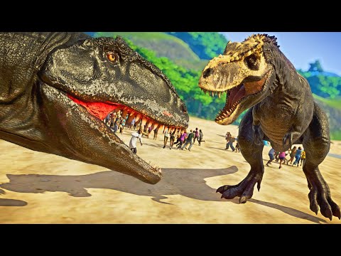 Revolution TREX VS Spinosaurus, Giganotosaurus, Ultimasaurus, Stegoceratops Dinosaurs Fight - JWE