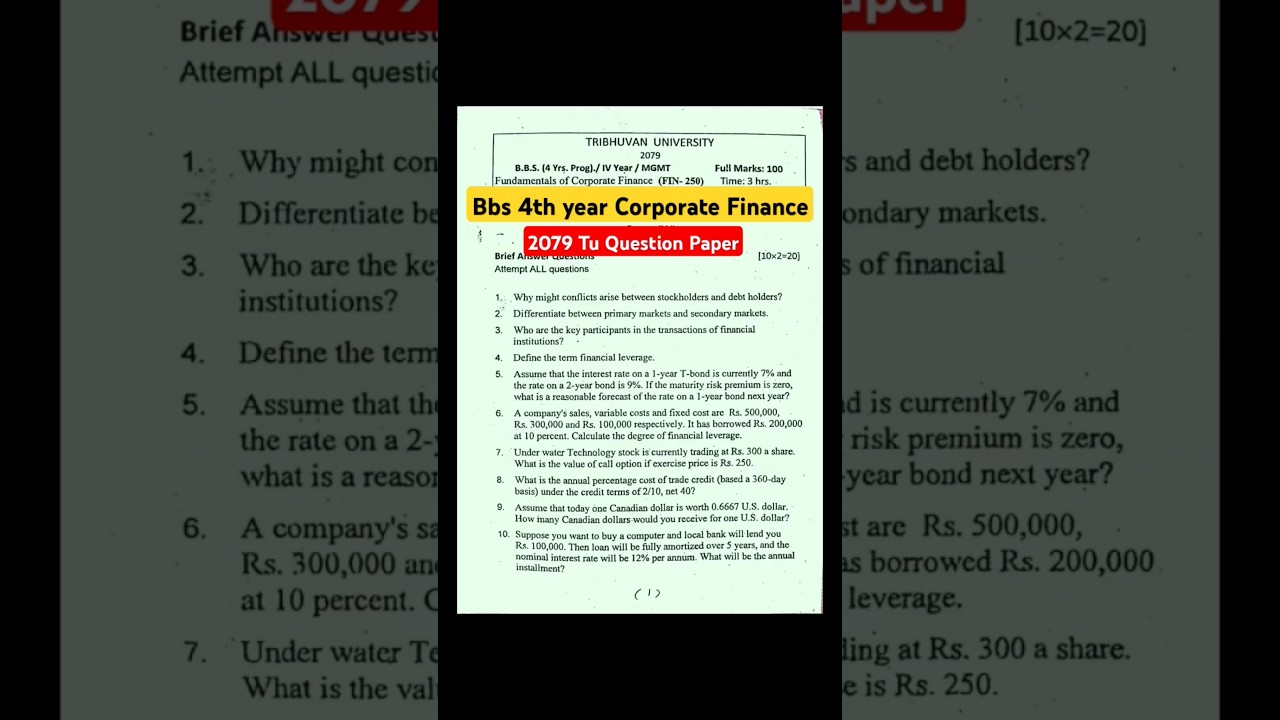 bbs 4th year corporate finance//2079 tu question paper// #bbs4thyear #2079question #ocwb #bibekoli