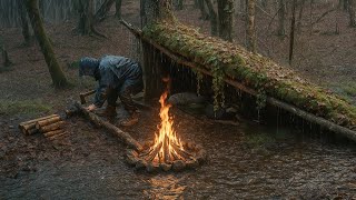 Alone Survival in Wilderness Rainstorm : Building Shelter, Bushcraft, Cooking, heavy rain forest