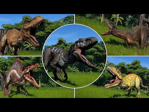 INDOMINUS REX VS T REX, INDORAPTOR, SPINOSAURUS & GIGANOTOSAURUS - BATTLE | JURASSIC WORLD EVOLUTION
