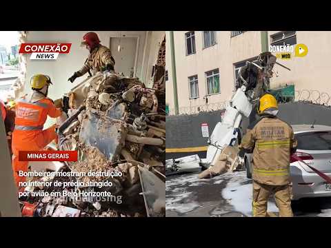 Vídeo: Bombeiros mostram destruição no interior de prédio atingido por avião em Belo Horizonte.