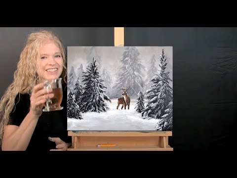 Learn How to Draw and Paint DEER IN WINTER - Paint and Sip at Home - Fun Beginner Acrylic Lesson
