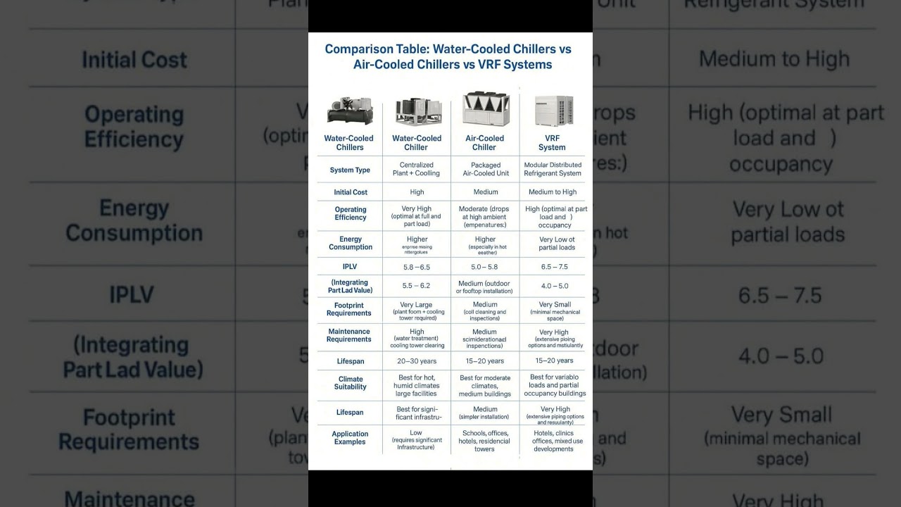 Comparison Table - Water Cooled Chillers vs Air Cooled Chillers vs VRF System #waterchiller