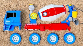 Searching for and assembling large cement mixer trucks, wobbly trucks, excavator backhoes, telole...