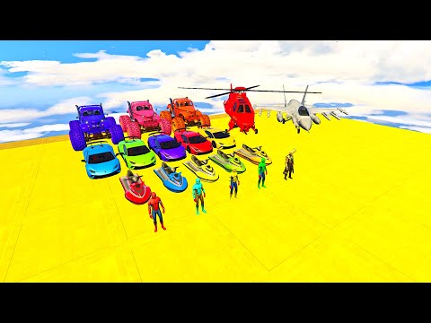 SPIDERMAN CARS MARIO Ramp JUMP Challenge ! SUPERHERO HULK IronMan Trevor and Friends Stunt - GTA V