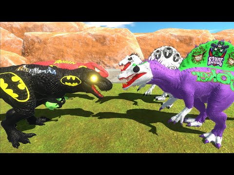 BATMAN ROBIN T REX VS JOKER | TEAM DEATH RUN on DRAGON LAND - Animal Revolt Battle Simulator