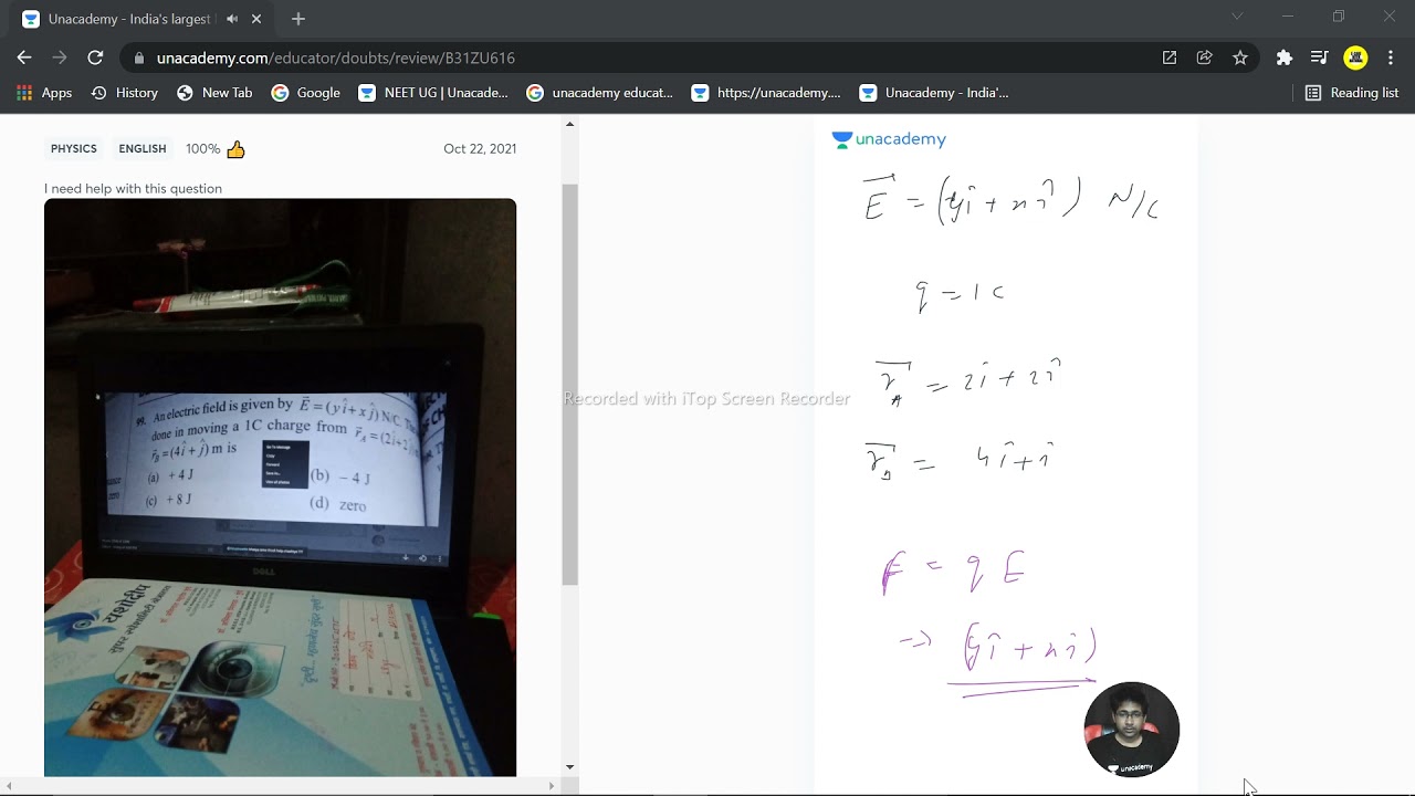 An electric field is given by E =[ yi + xj ] N/C . then work done in moving a 1C charge from is ;