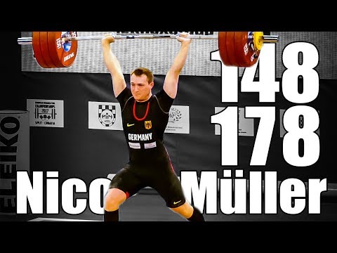 Nico Müller (76.7kg Germany) 148kg Snatch 178kg Clean and Jerk - 2017 European Championship