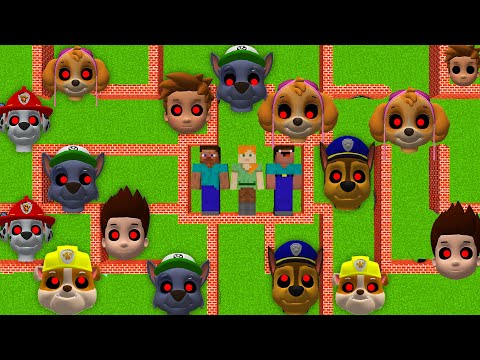 How to escape MAZE of PAW PATROL EXE in MINECRAFT animation! RYDER CHASE MARSHALL RUBBLE ROCKIE EXE